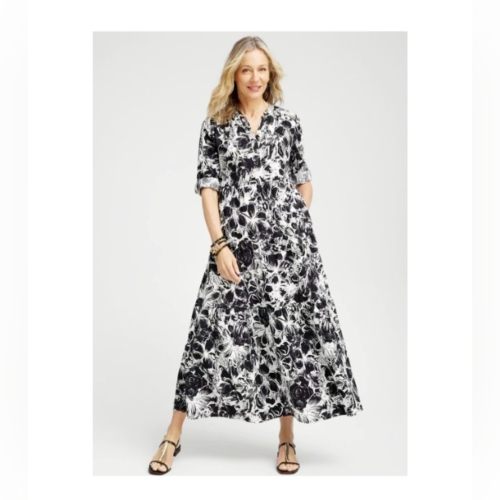CHICO'S NEW Black & White Cotton Floral Tab Sleeve XL Maxi Dress Size 3 (16)